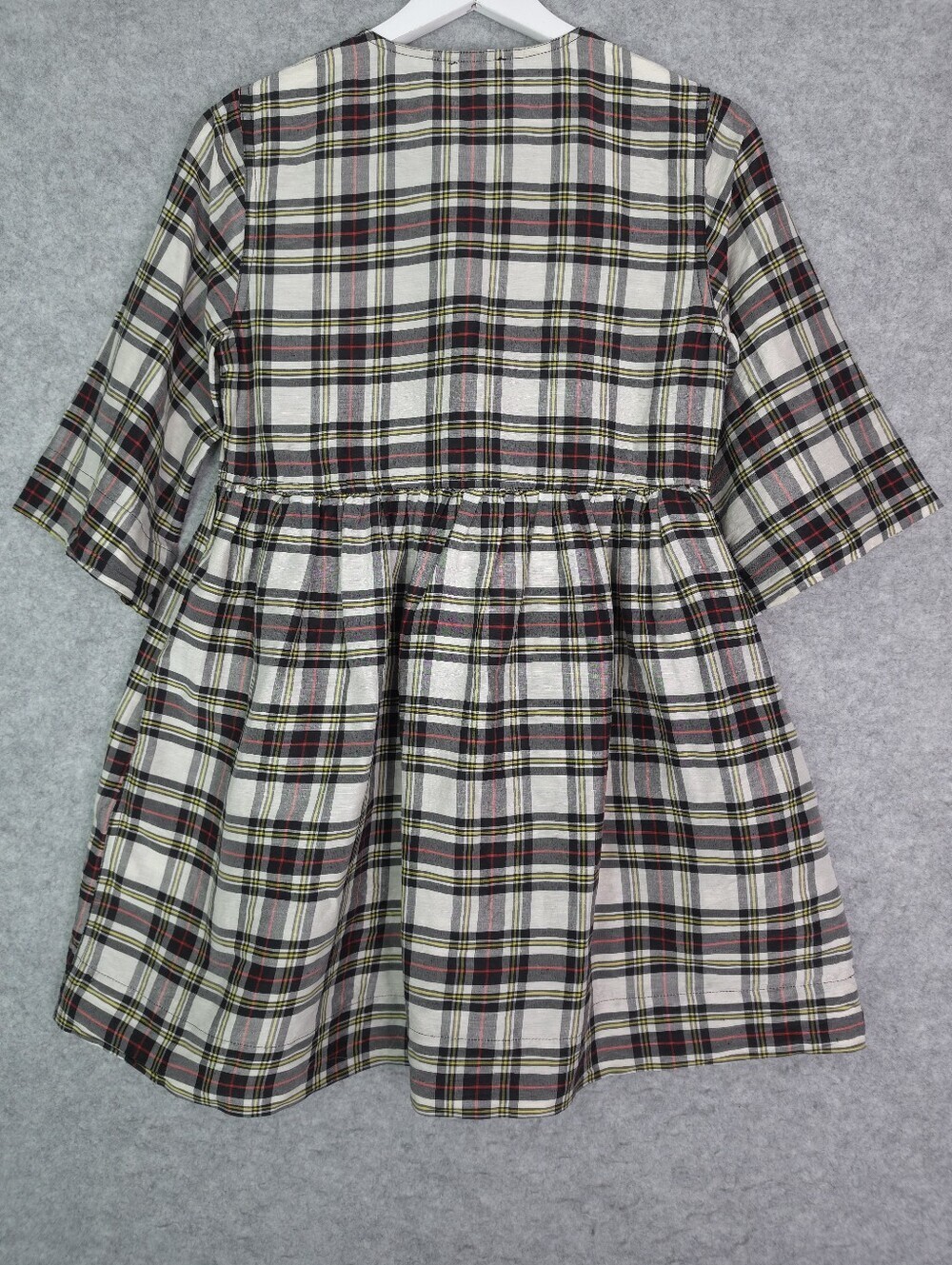 Ganni Silk Ivory Check Babydoll Mini Dress with Black and Red Tartan - Picture 7 of 13